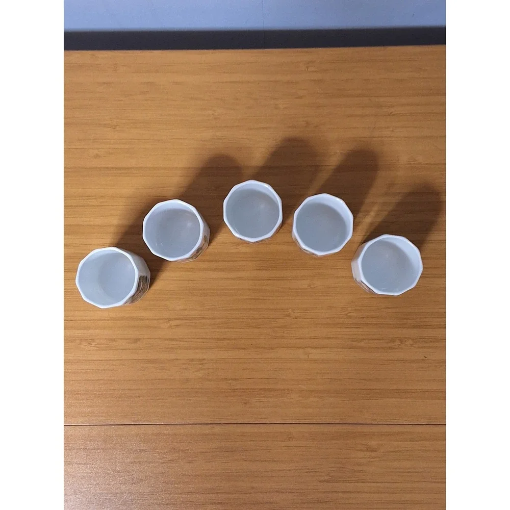 Vintage Korean Ceramic Sake Cups Set of 5 Faceted Porcelain Traditional Scenes